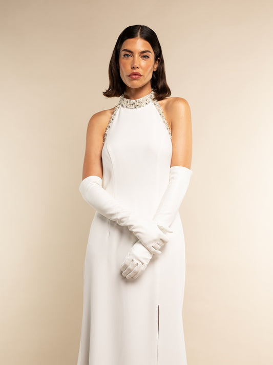 Gabriella (white) - Italian unlined 12-button length leather bridal / opera gloves - Leather Gloves Online - Luxury Leather Gloves - 2