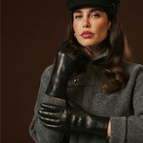 Luciana (black) - Extended women’s Italian lambskin leather gloves with rabbit fur lining