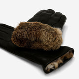 Luciana (black) - Extended women’s Italian lambskin leather gloves with rabbit fur lining