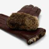 Luciana (brown) - Extended women's Italian lambskin leather gloves with rabbit fur lining