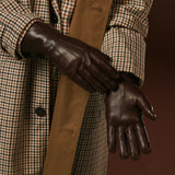 Luciana (brown) - Extended women's Italian lambskin leather gloves with rabbit fur lining