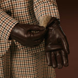 Luciana (brown) - Extended women's Italian lambskin leather gloves with rabbit fur lining