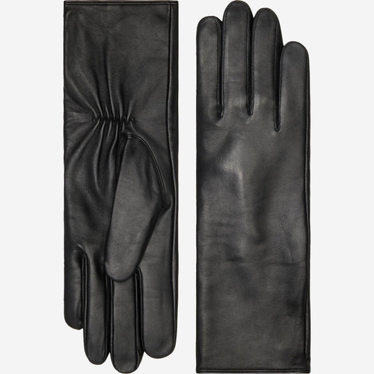 Skylar (black) – Extra-long sheepskin leather gloves with wool/cashmere lining & touchscreen capability