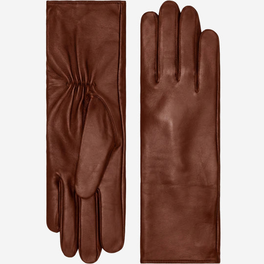 Skylar (brown) – Extra-long sheepskin leather gloves with wool/cashmere lining & touchscreen capability