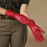 Skylar (red) – Extra-long sheepskin leather gloves with wool/cashmere lining & touchscreen capability