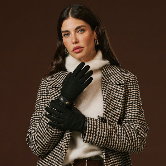 Violetta (black) - Italian tweed women's gloves with touchscreen capability and adjustable snap button