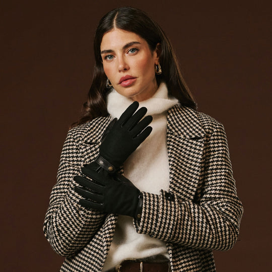 Violetta (black) - Tweed women's gloves with touchscreen capability and adjustable snap button