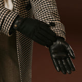 Violetta (black) - Tweed women's gloves with touchscreen capability and adjustable snap button