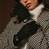 Violetta (black) - Tweed women's gloves with touchscreen capability and adjustable snap button