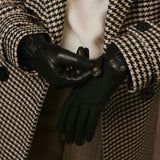 Violetta (black) - Tweed women's gloves with touchscreen capability and adjustable snap button