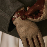 Violetta (brown) - Tweed women's gloves with touchscreen capability and adjustable snap button