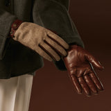 Violetta (brown) - Tweed women's gloves with touchscreen capability and adjustable snap button