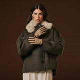 Violetta (brown) - Tweed women's gloves with touchscreen capability and adjustable snap button