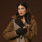 Violetta (dark brown) - Tweed women's gloves with touchscreen capability and adjustable snap button