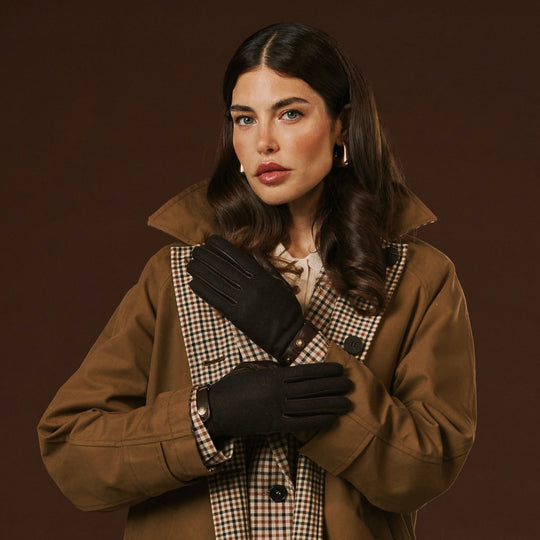 Violetta (dark brown) - Tweed women's gloves with touchscreen capability and adjustable snap button