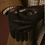 Violetta (dark brown) - Tweed women's gloves with touchscreen capability and adjustable snap button