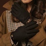 Violetta (dark brown) - Tweed women's gloves with touchscreen capability and adjustable snap button