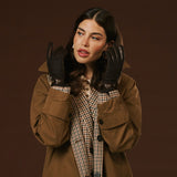 Violetta (dark brown) - Tweed women's gloves with touchscreen capability and adjustable snap button