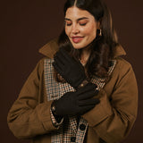 Violetta (dark brown) - Tweed women's gloves with touchscreen capability and adjustable snap button