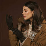 Violetta (dark brown) - Tweed women's gloves with touchscreen capability and adjustable snap button