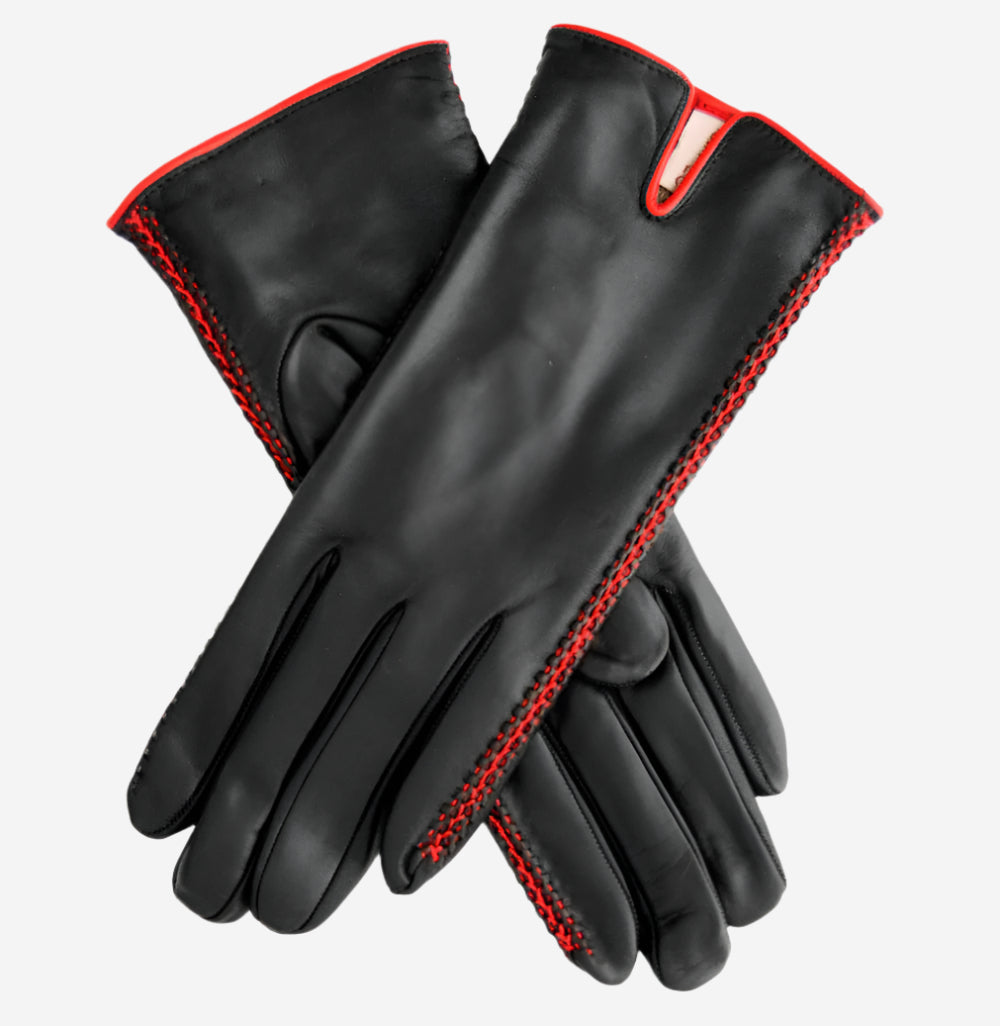 CA0422 (black/red) - Women's Lambskin Cashmere Lined Leather Gloves with Decorative Side Accents - Leather Gloves Online - Luxury Leather Gloves - 1