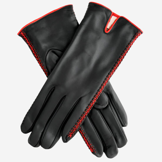 CA0422 (black/red) - Women's Lambskin Cashmere Lined Leather Gloves with Decorative Side Accents - Leather Gloves Online - Luxury Leather Gloves - 1