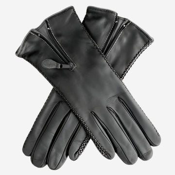 CA0547 (black) - Women's Lambskin Cashmere Lined Leather Gloves with Zipper - Leather Gloves Online - Luxury Leather Gloves - 1