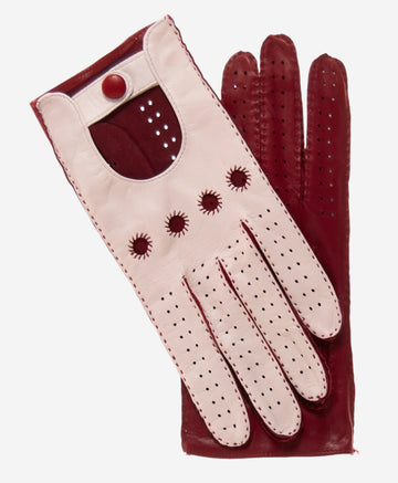 CA4123 (cream/claret) - Women's Two-tone Leather Driving Gloves - Leather Gloves Online - Luxury Leather Gloves - 1 