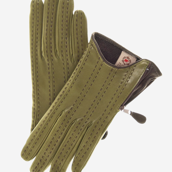 CA4348 (olive) - Women's Italian Cashmere Lined Leather Gloves  with Side Zipper - Leather Gloves Online - Luxury Leather Gloves - 1