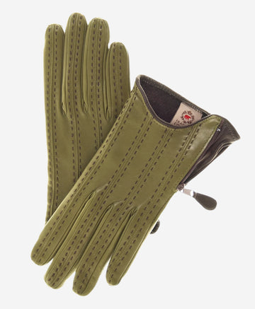 CA4348 (olive) - Women's Italian Cashmere Lined Leather Gloves  with Side Zipper - Leather Gloves Online - Luxury Leather Gloves - 1