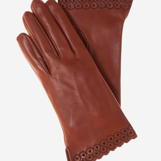 CA4534 (medium brown) - Women's Unlined Dress Leather Gloves with "Lace-work" Cuff - Leather Gloves Online - Luxury Leather Gloves - 1