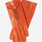 CA4539 (orange) - Women's Unlined Dress Leather Gloves with "Lace-work" Design - Leather Gloves Online - Luxury Leather Gloves - 1