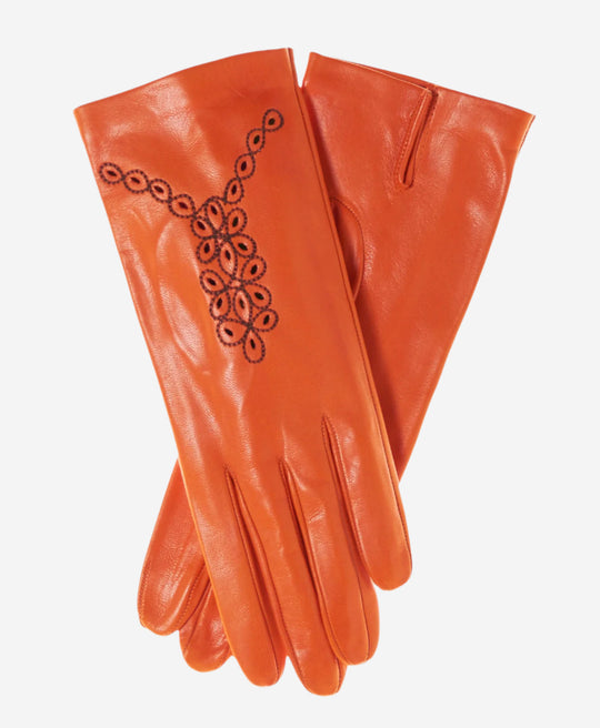 CA4539 (orange) - Women’s Italian unlined dress leather gloves with “lace-work” design