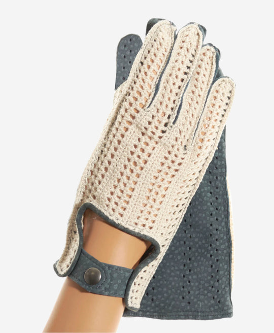 CA4620 (jeans) - Women’s Italian crochet and carpincho leather driving gloves