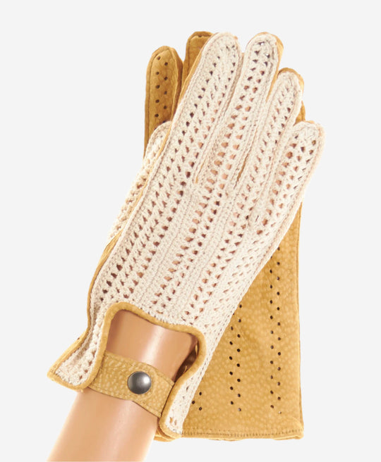 CA4620 (tan) - Women’s Italian crochet and carpincho leather driving gloves