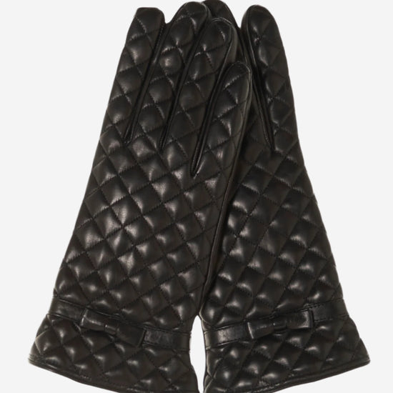 CA4643 (black) - Women's Cashmere Lined Quilted Leather Gloves with Bow - Leather Gloves Online - Luxury Leather Gloves - 1