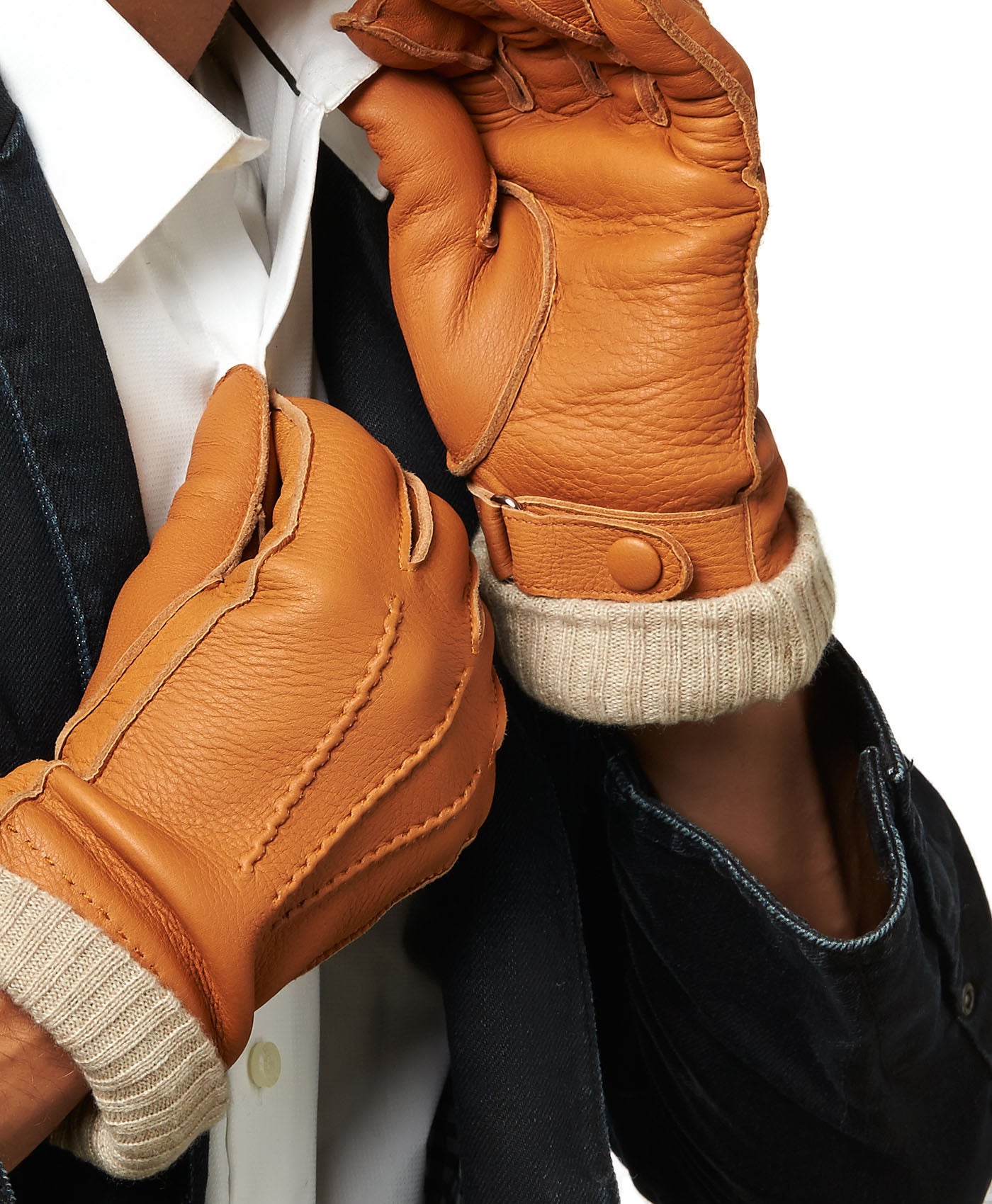 CC3115 (saddle) - Men's Italian  Deerskin Leather Gloves with Cashmere Lining - Leather Gloves Online - Luxury Leather Gloves - 3
