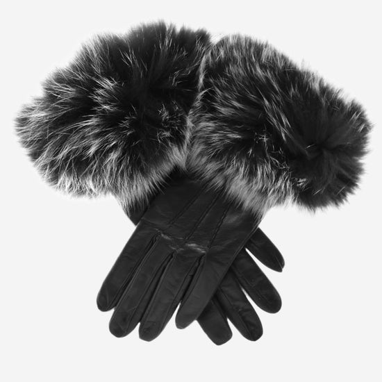 CC4066 (black) - Women's Italian Fox Fur Cuff Cashmere Lined Leather Gloves - Leather Gloves Online - Luxury Leather Gloves - 1
