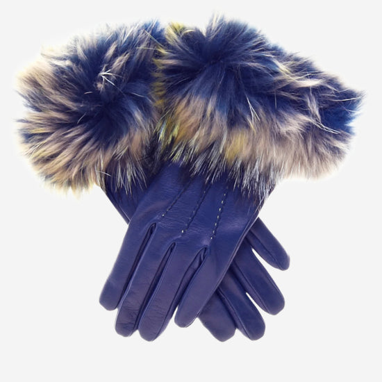 CC4066 (blue) - Women's Italian Fox Fur Cuff Cashmere Lined Leather Gloves - Leather Gloves Online - Luxury Leather Gloves - 1