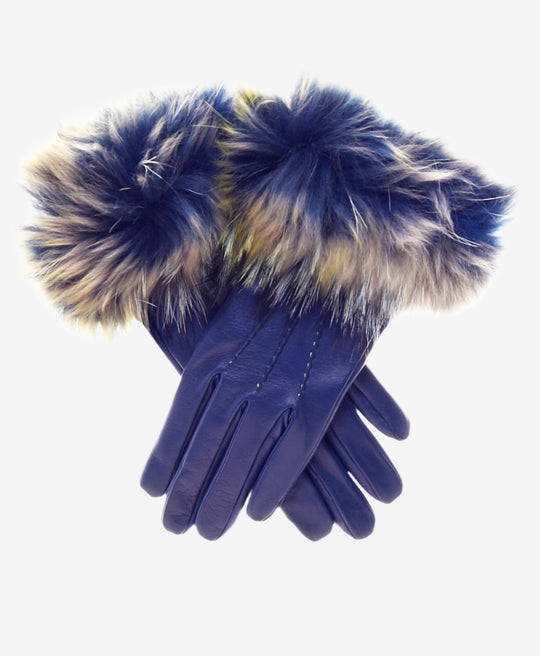 CC4066 (blue) - Women’s Italian fox fur cuff cashmere lined leather gloves