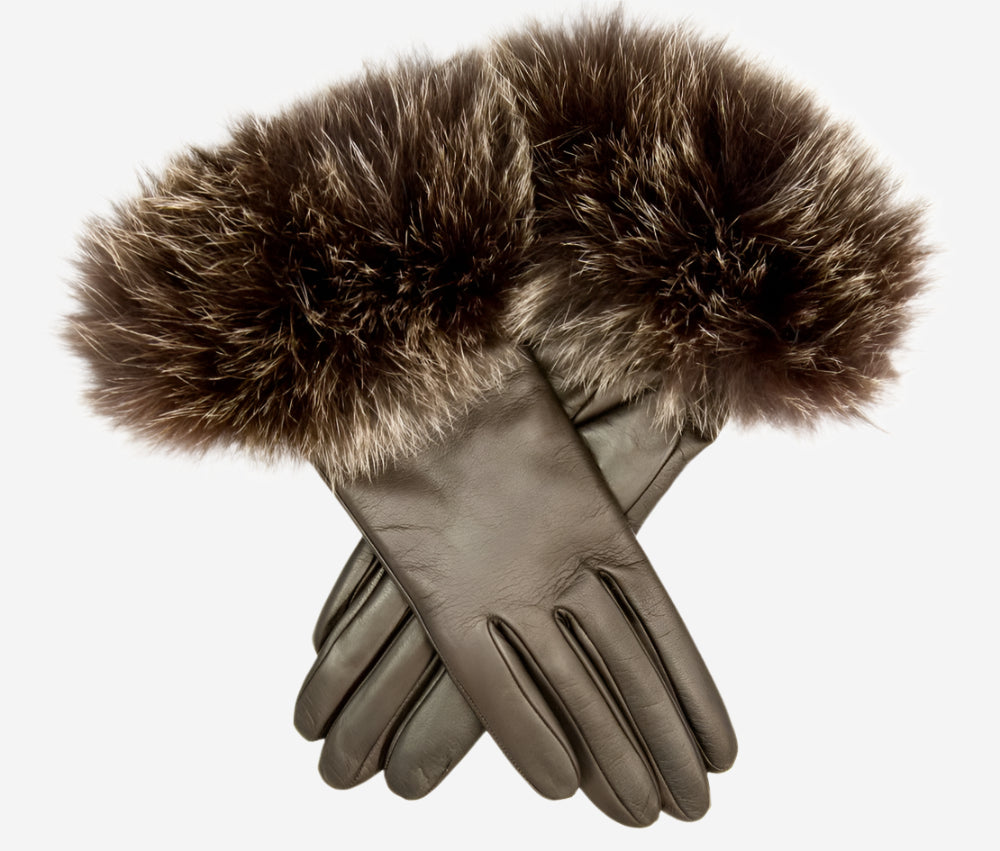 CC4066 (brown) - Women's Italian Fox Fur Cuff Cashmere Lined Leather Gloves - Leather Gloves Online - Luxury Leather Gloves - 1