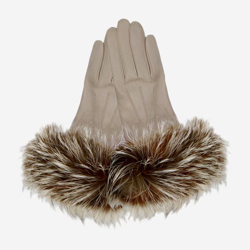 CC4066 (taupe) - Women’s Italian fox fur cuff cashmere lined leather gloves