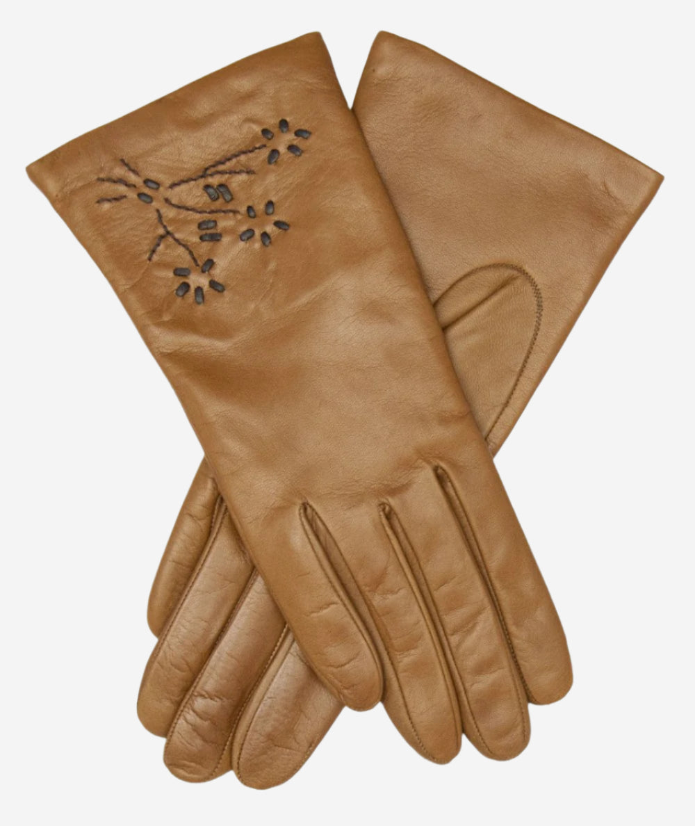 CC4101 (brown) - Women's Italian Cashmere Lined Leather Gloves with Floral Accents - Leather Gloves Online - Luxury Leather Gloves - 1