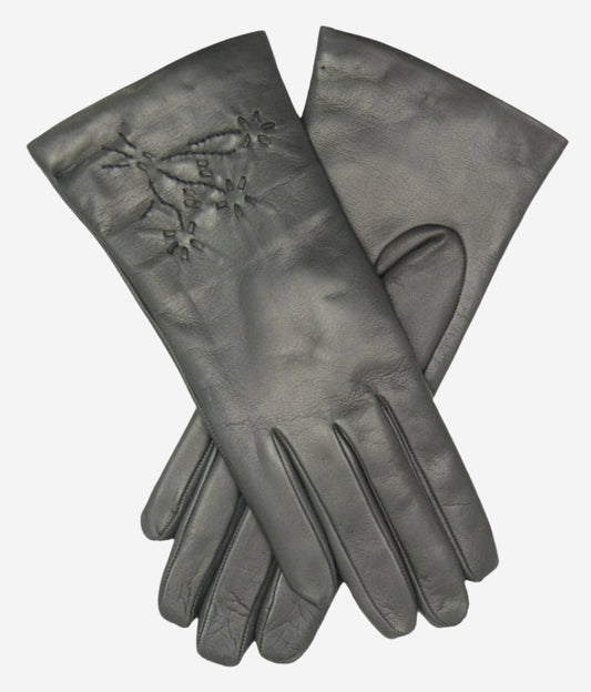 CC4101 (charcoal) - Women's Italian Cashmere Lined Leather Gloves with Floral Accents - Leather Gloves Online - Luxury Leather Gloves - 1