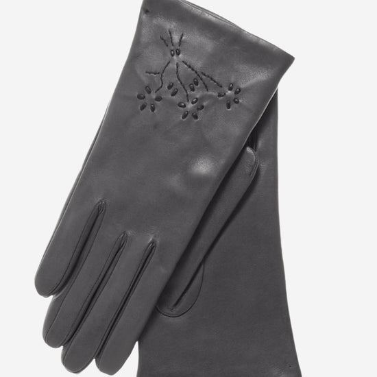 CC4101 (charcoal) - Women's Italian Cashmere Lined Leather Gloves with Floral Accents - Leather Gloves Online - Luxury Leather Gloves - 2
