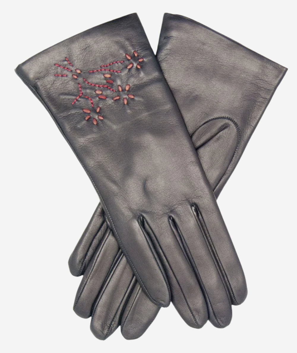 CC4101 (navy) - Women's Italian Cashmere Lined Leather Gloves with Floral Accents - Leather Gloves Online - Luxury Leather Gloves - 1