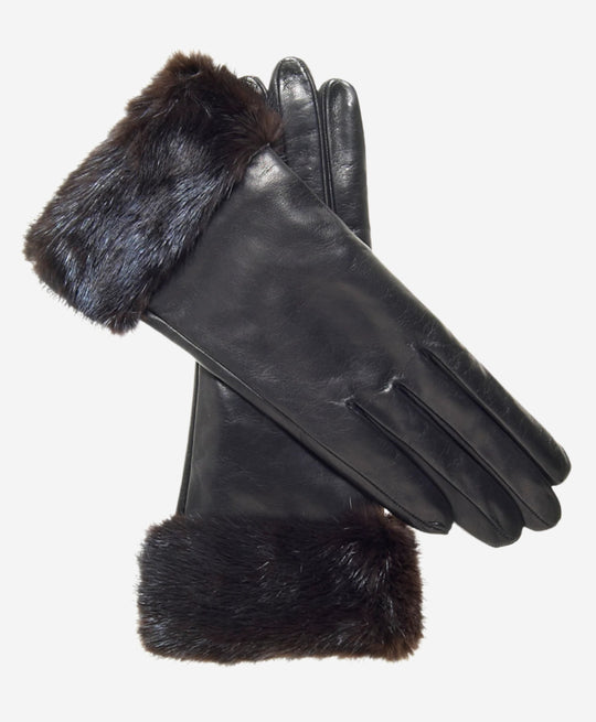 CC4127 (black) - Women’s Italian cashmere lined 4-button length leather gloves with mink cuff