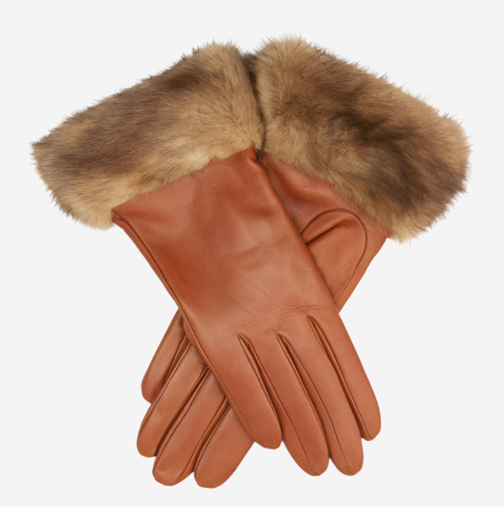 CC4127 (brown) - Women's Italian Cashmere Lined 4-Button Length Gloves with Mink Cuff - Leather Gloves Online - Luxury Leather Gloves - 1