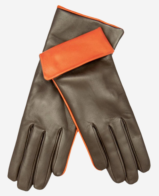 CC4141 (brown) - Women’s Italian cashmere lined leather gloves with contrast cuff