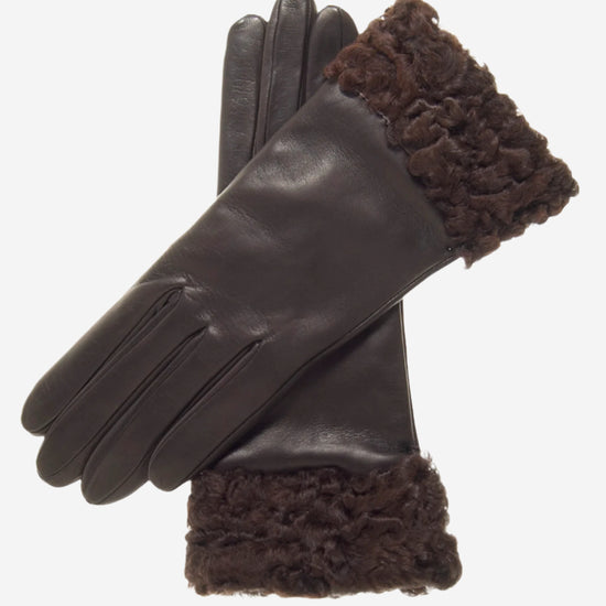 CC4172 (brown) - Women's Cashmere Lined Leather Gloves with Persian Lamb Cuffs - Leather Gloves Online - Luxury Leather Gloves - 2
